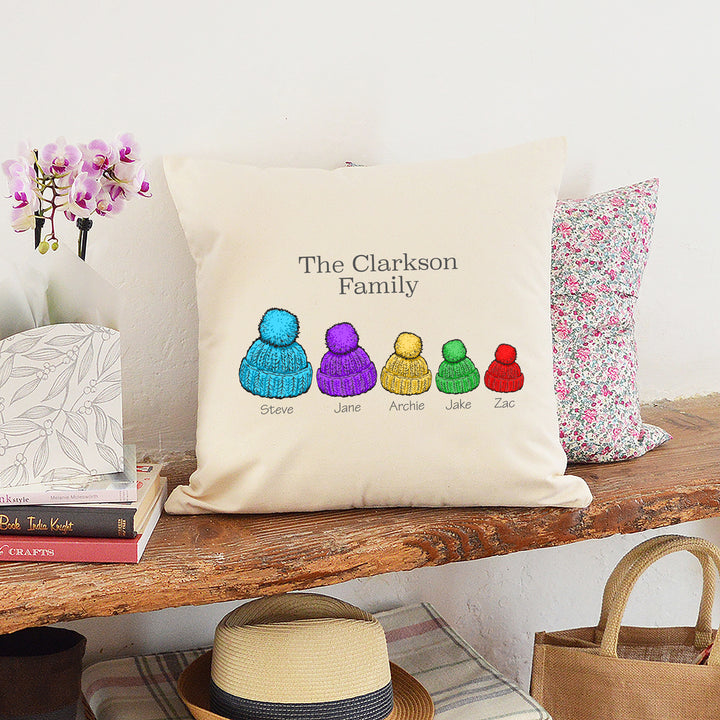 Personalised Bobble Hats Family Cushion