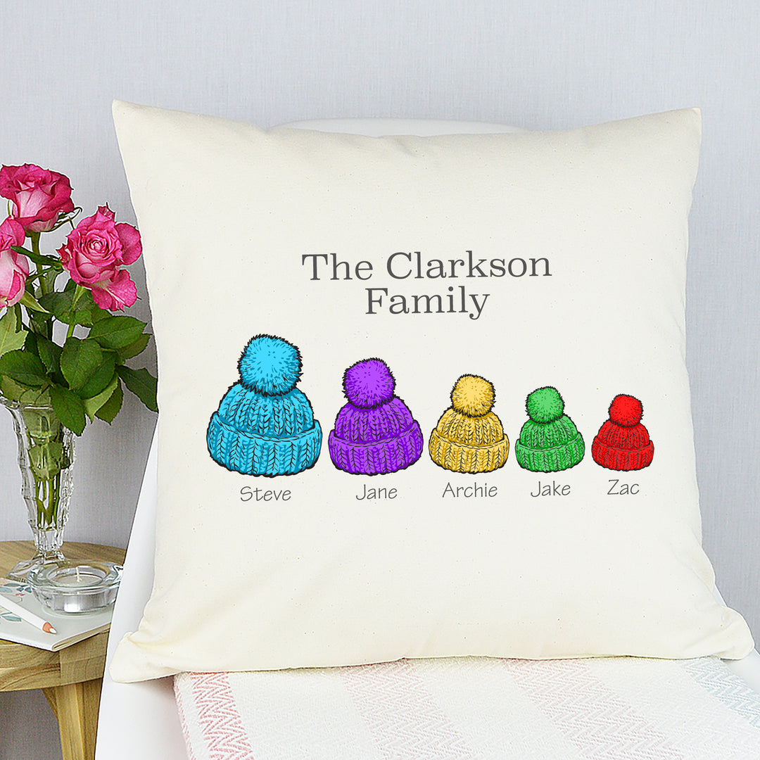 Personalised Bobble Hats Family Cushion